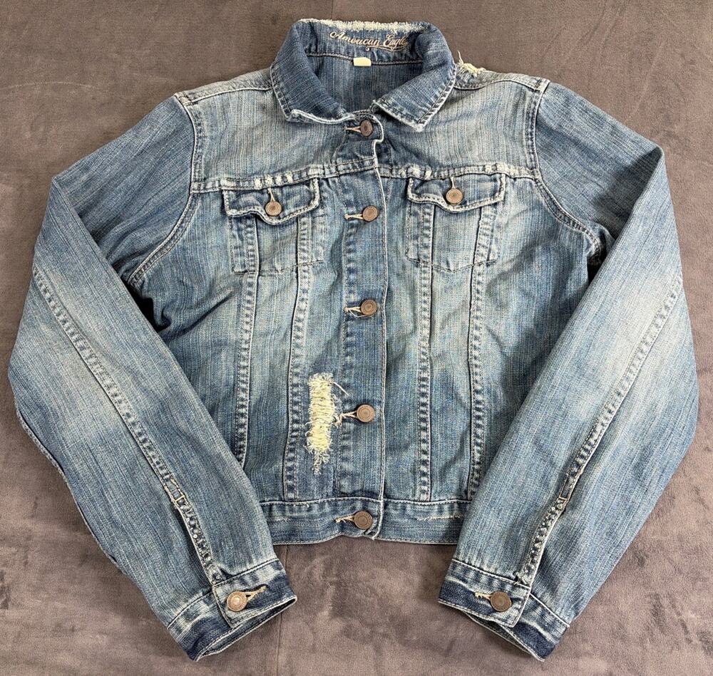 VTG American Eagle Denim Jacket Distressed Sequins Button Front Y2K Size Large